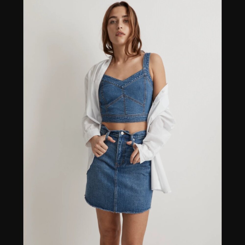 NWT Madewell Denim Dolphin-Hem Rigid Denim A-Line Blue Jean Mini Skirt 28 $79.50 - Picture 4 of 12